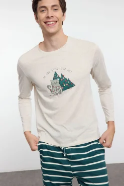 Trendyol Pijamas-Conjunto de pijama de casal de Natal com riscas, corte regular bege