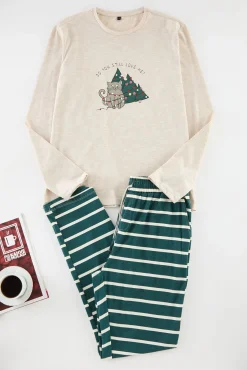 Trendyol Pijamas-Conjunto de pijama de casal de Natal com riscas, corte regular bege