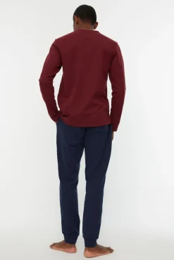 Trendyol Pijamas-Conjunto de pijama de corte regular vermelho bordô estampado