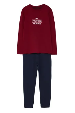 Trendyol Pijamas-Conjunto de pijama de corte regular vermelho bordô estampado