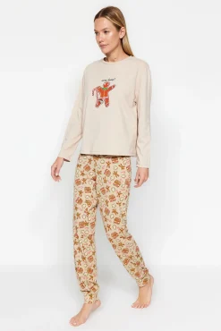 Trendyol Pijamas-Conjunto de pijama de gengibre cru de Natal estampado