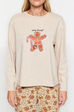 Trendyol Pijamas-Conjunto de pijama de gengibre cru de Natal estampado