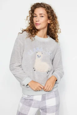 Trendyol Pijamas-Conjunto de pijama de inverno xadrez cinza com estampado de lhama cinzento