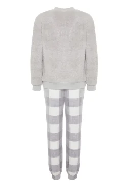 Trendyol Pijamas-Conjunto de pijama de inverno xadrez cinza com estampado de lhama cinzento