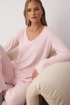 Trendyol Pijamas-Conjunto de pijama de inverno em malha com gola em V rosa