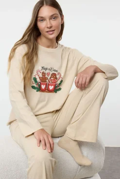 Trendyol Pijamas-Conjunto de pijama de inverno feminino, , para casal ou casal bege
