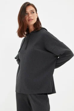 Trendyol Pijamas-Conjunto de pijama de malha canelada com capuz antracite cinzento