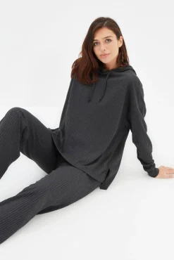 Trendyol Pijamas-Conjunto de pijama de malha canelada com capuz antracite cinzento