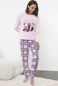 Trendyol Pijamas-Conjunto de pijama de Natal xadrez rosa estampado