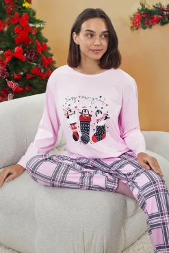 Trendyol Pijamas-Conjunto de pijama de Natal xadrez rosa estampado