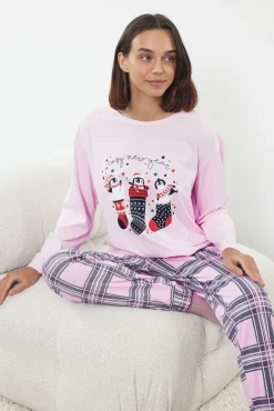 Trendyol Pijamas-Conjunto de pijama de Natal xadrez rosa estampado