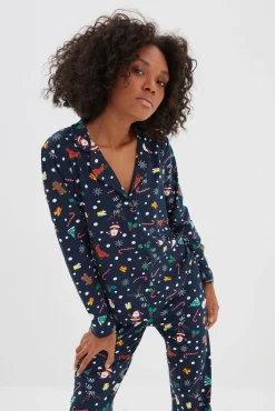 Trendyol Pijamas-Conjunto de pijama de Natal marinho azul