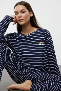 Trendyol Pijamas-Conjunto de pijama de viscose riscas marinho azul