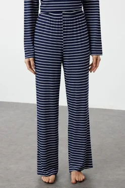 Trendyol Pijamas-Conjunto de pijama de viscose riscas marinho azul