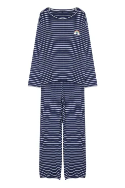 Trendyol Pijamas-Conjunto de pijama de viscose riscas marinho azul