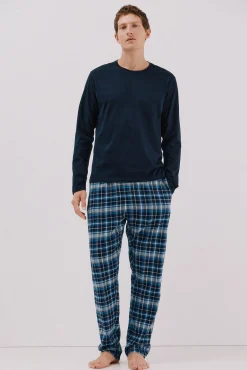 Cortefiel Pijamas-Conjunto de pijama malha e tecido Azul