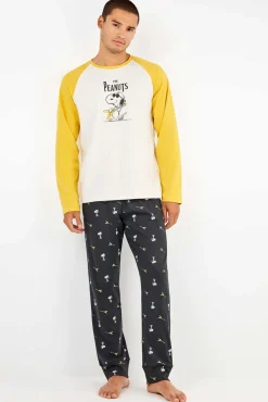 Gisela Pijamas-Conjunto de pijama masculino Snoopy em malha malha bege