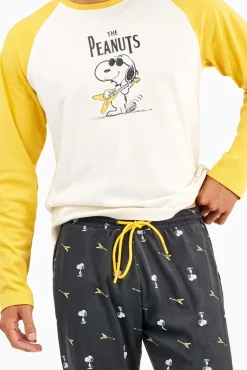 Gisela Pijamas-Conjunto de pijama masculino Snoopy em malha malha bege