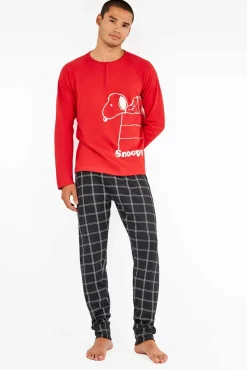 Gisela Pijamas-Conjunto de pijama masculino de malha interlock do Snoopy vermelho