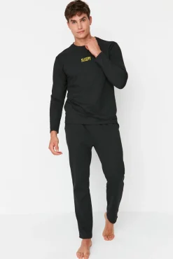Trendyol Pijamas-Conjunto de pijama com estampado de slogan e corte regular de 2 camadas preto