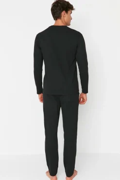 Trendyol Pijamas-Conjunto de pijama com estampado de slogan e corte regular de 2 camadas preto
