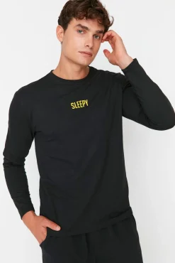 Trendyol Pijamas-Conjunto de pijama com estampado de slogan e corte regular de 2 camadas preto