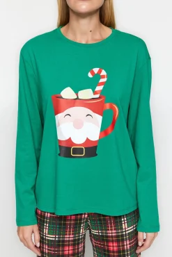 Trendyol Pijamas-Conjunto de pijama xadrez de Natal verde