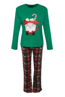 Trendyol Pijamas-Conjunto de pijama xadrez de Natal verde