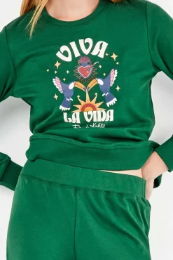 Gisela Pijamas-Conjunto de sweatshirt e calça Frida Kahlo verde