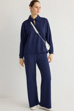 Trendyol Pijamas-Conjunto de top e calça gola polo azul