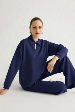 Trendyol Pijamas-Conjunto de top e calça gola polo azul