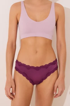 Women'secret Roupa Interior-Cueca brasileira de microfibra brilhante com renda vinho vermelho