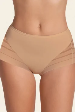 Leonisa Roupa Interior-Cueca cinta clássica com controle moderado da barriga e faixas de tule bege