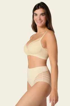 Leonisa Roupa Interior-Cueca cinta clássica com controle moderado da barriga e faixas de tule bege