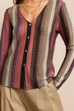 Slowlove T-Shirts|Blusas-Estrutura dos botões superiores com riscas Multicolorido