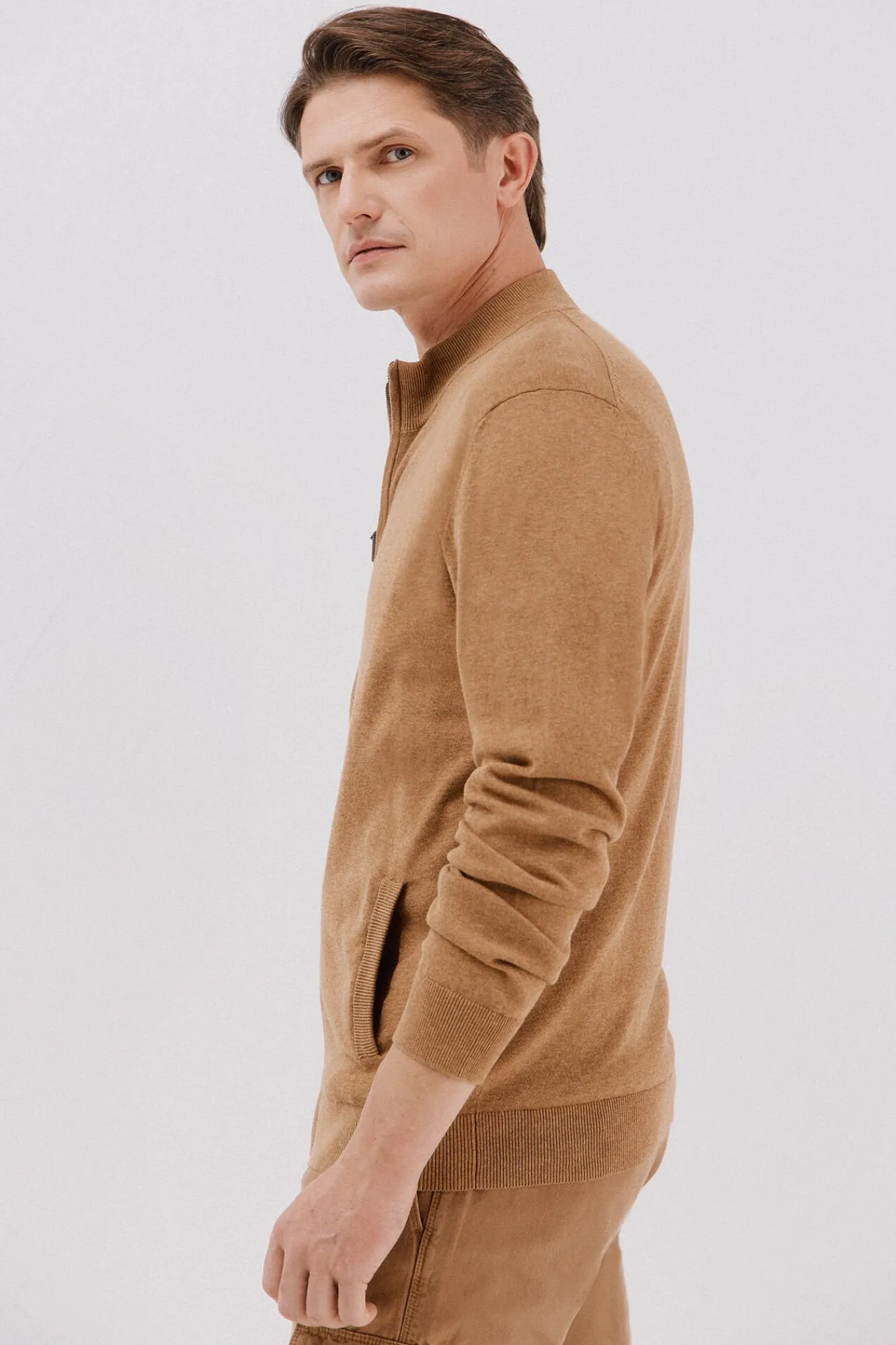 Cortefiel Camisolas-Fecho-éclair de malha fina de algodão com malha Tostado