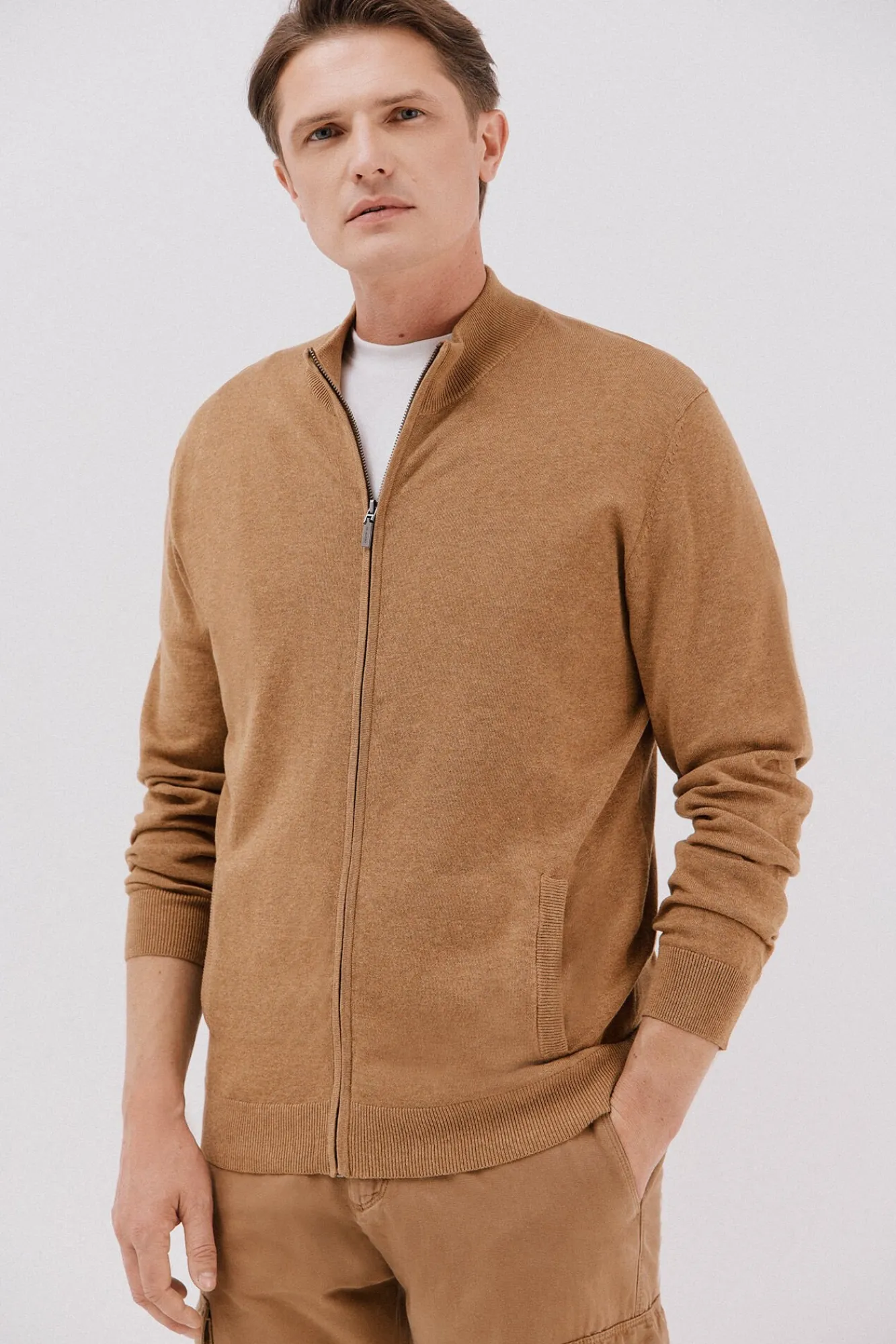 Cortefiel Camisolas-Fecho-éclair de malha fina de algodão com malha Tostado
