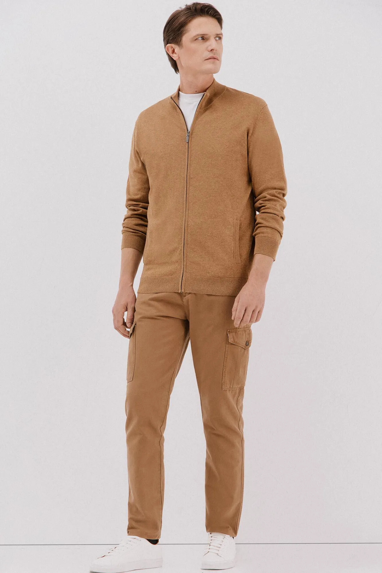 Cortefiel Camisolas-Fecho-éclair de malha fina de algodão com malha Tostado