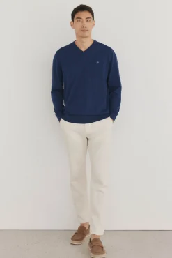 Pedro del Hierro Camisolas-gola de malha fina de algodão premium com bico Azul