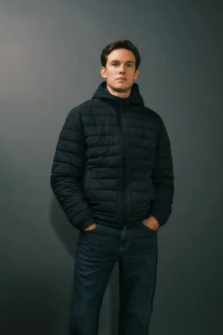 Cortefiel Casacos|Sobretudos-Jaqueta acolchoada ultraleve com capuz Azul