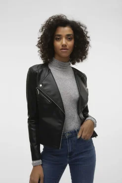 Vero Moda Sobretudos-Jaqueta biker feminina em polipele Preto