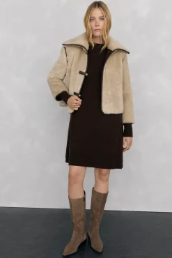 Pedro del Hierro Sobretudos|Casacos-Jaqueta de pele com fecho de pressão Ecru