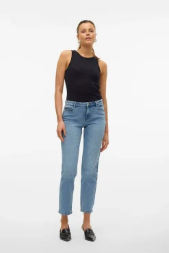 Vero Moda Jeans|Calças-Jeans retas de cintura média Azul