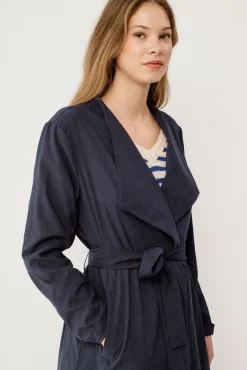 Vila Gabardines|Casacos-Long knotted trench coat Azul