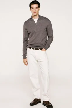 Selected Camisolas-Malha 100% camisola com meia fecho-éclair . Cinzento