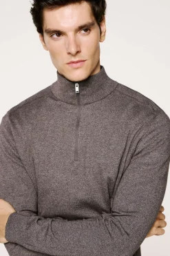 Selected Camisolas-Malha 100% camisola com meia fecho-éclair . Cinzento