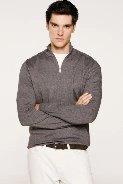 Selected Camisolas-Malha 100% camisola com meia fecho-éclair . Cinzento