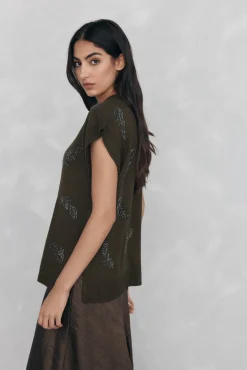 Pedro del Hierro Camisolas-malha de bico e strass bordados Verde