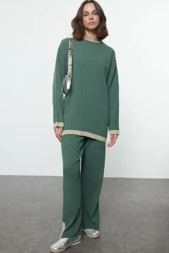 Trendyol Pijamas-Malha de calça e T-shirt de malha com vivo verde