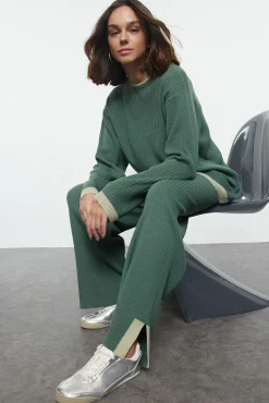 Trendyol Pijamas-Malha de calça e T-shirt de malha com vivo verde
